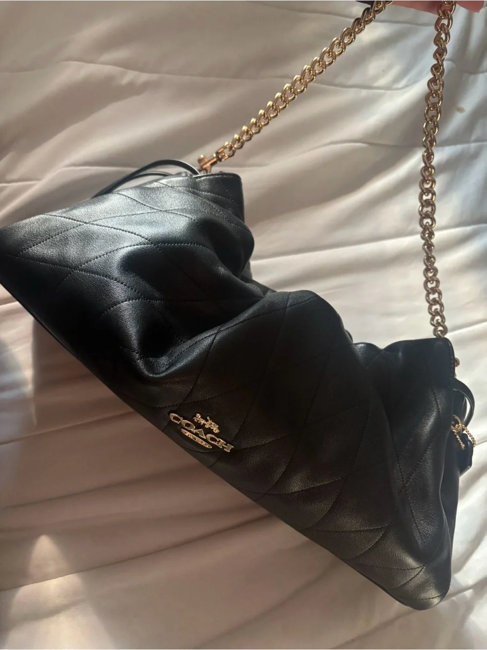 Coach Black Leather Shoulder Bag with Brown Leather Creed Patch